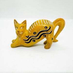 Hand Carved Painted Soapstone Cat Stretching Tribal Pop Art Mustard Arched